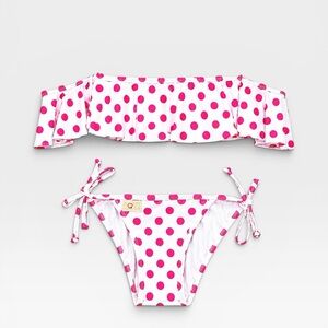 White & Hot Pink Polka Dot
Ruffle Bikini Set